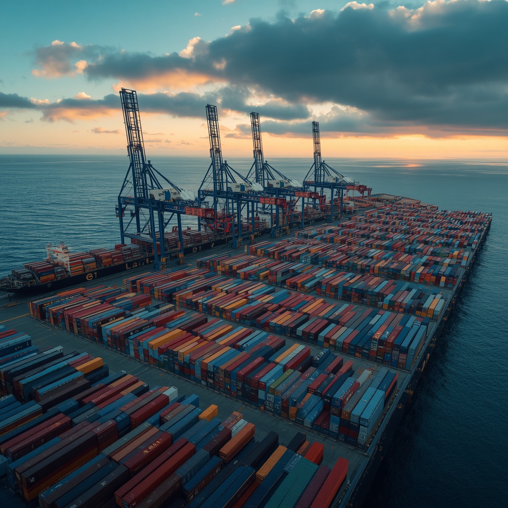 Container port with gantry cranes loading freight containers
